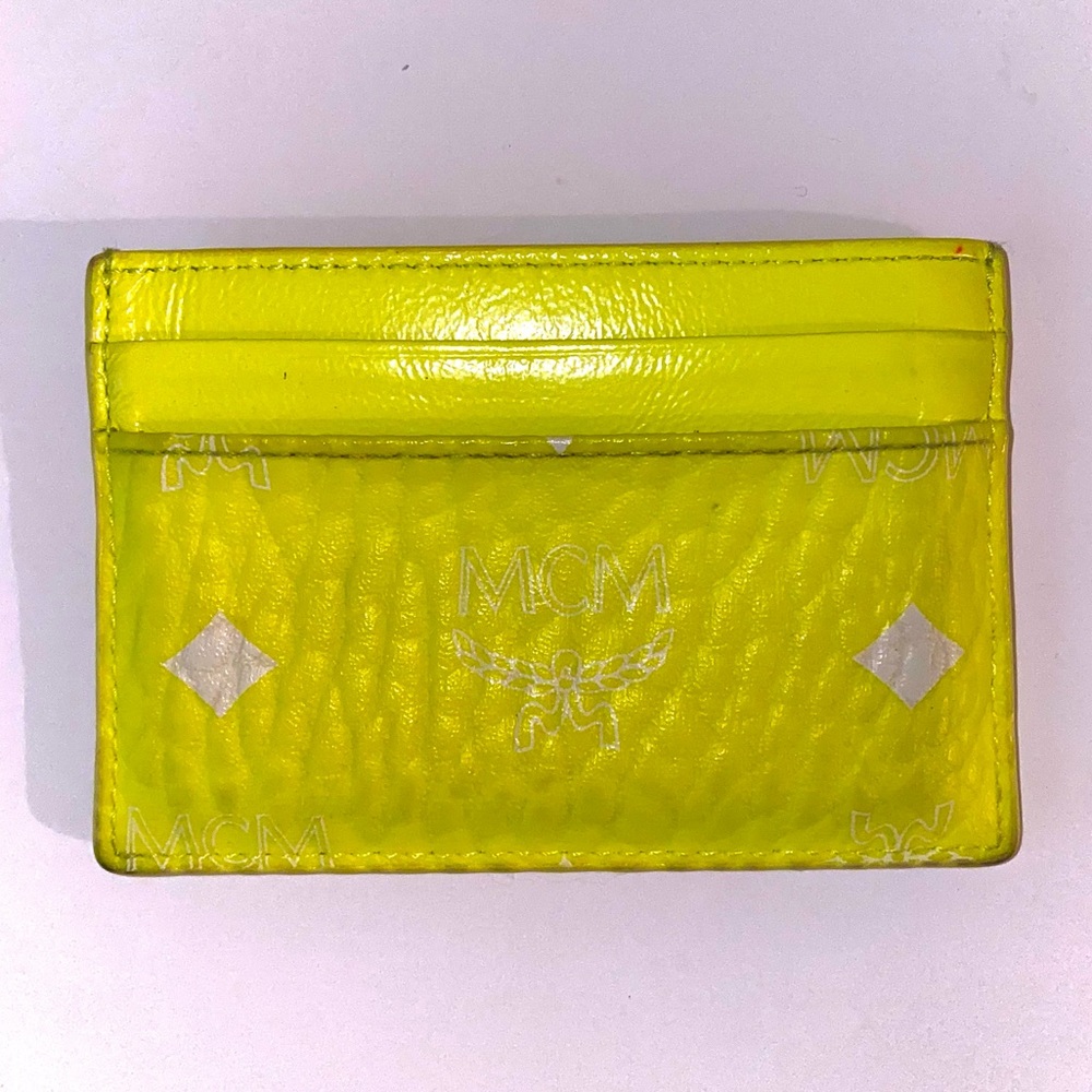 MCM Neon Yellow Visetos Coated Canvas Mini Card Case Wallet
